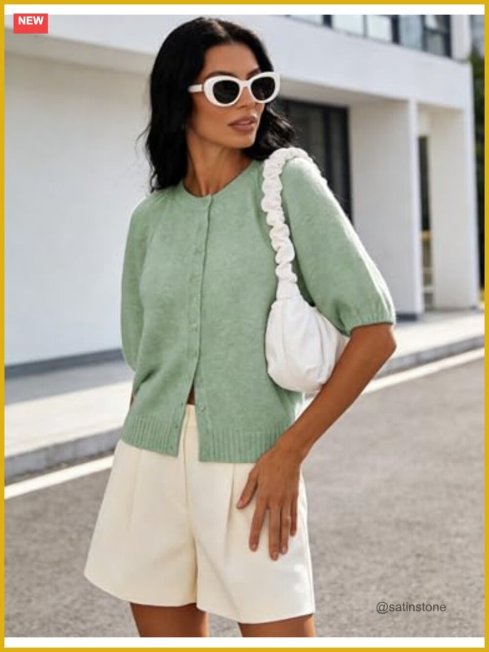 Casual Short Puff Sleeves Crewneck Cardigan Button Down Knit Sweater Open Front - Picture 2 of 6